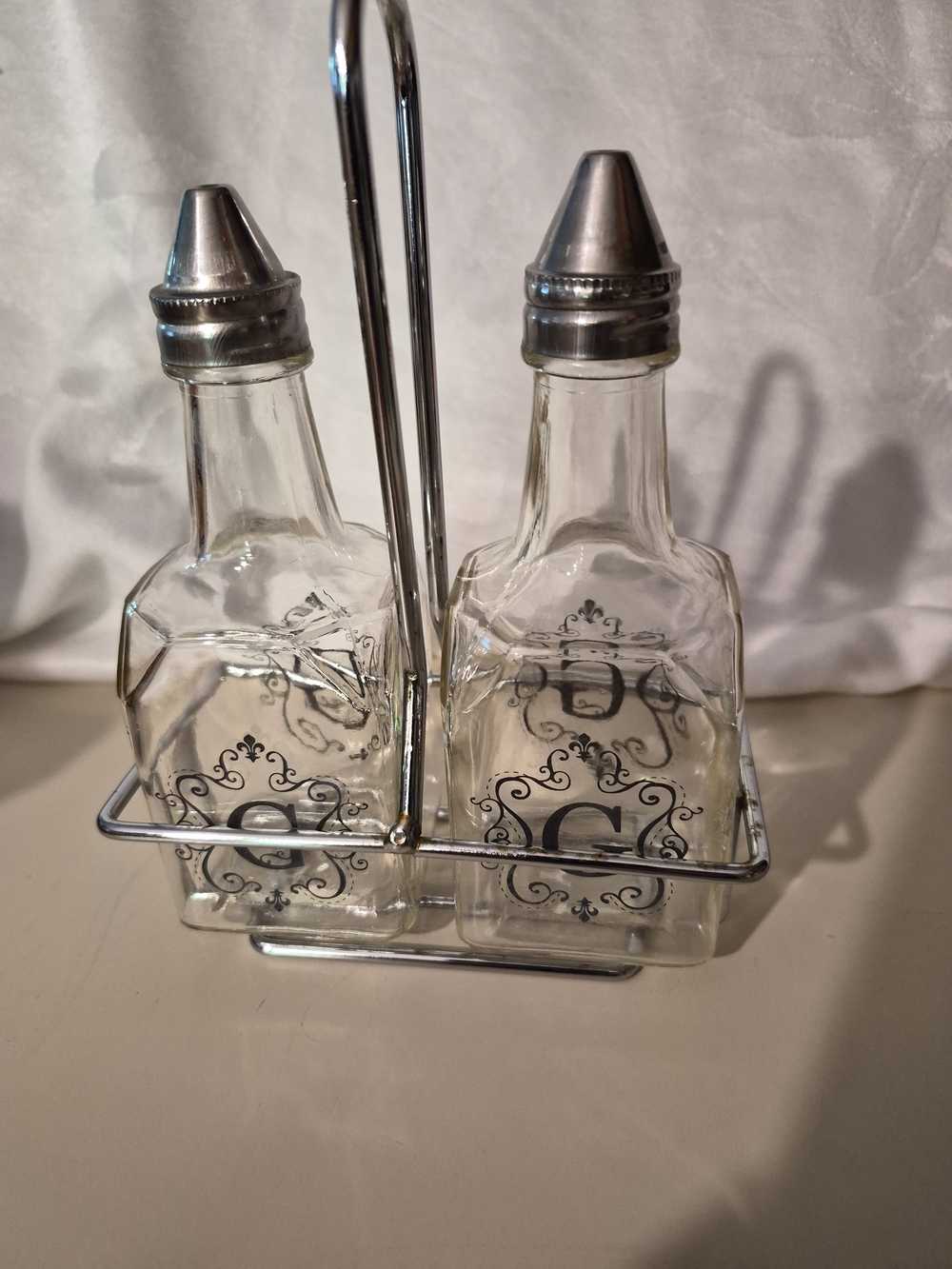 Clear Glass Small Oil And Vinegar Cruets with Silver Tops (Set) Monogrammed G